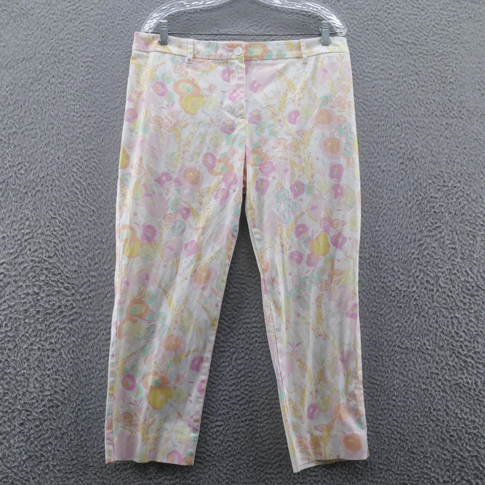 Talbots Petite Womens 14P Pastel Floral Ankle Pants Pink Yellow Cotton Stretch